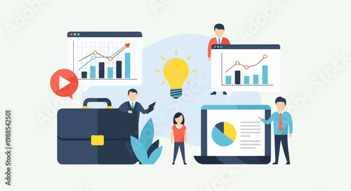 Business meeting with charts, lightbulb, briefcase, and people discussing strategies