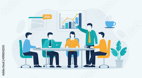 People in a meeting discussing a chart and using a laptop