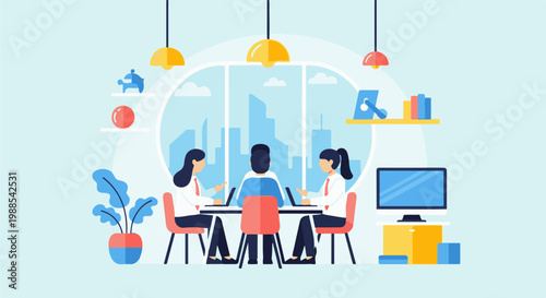 Three people in a bright office meeting, city view