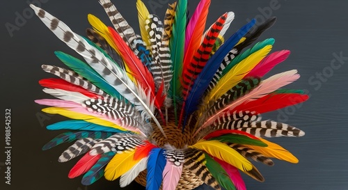 A striking arrangement of brightly colored and patterned bird feathers fanned out on a dark surface