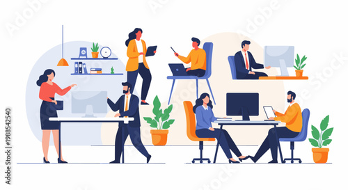 Diverse office team collaborates, working at desks with computers and plants