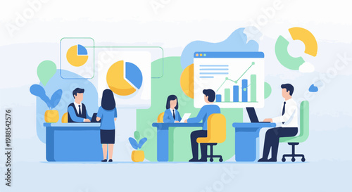 Office workers collaborate around data charts and graphs for analysis
