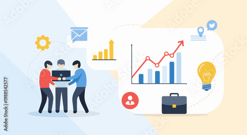 Three people collaborate on a laptop, with charts, a lightbulb, and icons representing communication and success