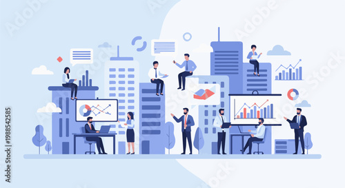 Professionals collaborate and analyze data amidst a stylized cityscape, presenting growth charts