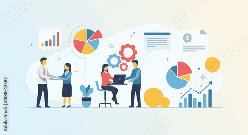 Diverse professionals collaborate on a business project with charts and gears