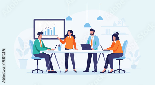 Diverse team collaborating around a table with laptops and a presentation screen