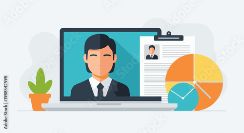 Laptop displays person, resume, pie chart, and clock with potted plant