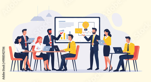 Diverse team collaborating in a modern office setting, presenting ideas on a whiteboard