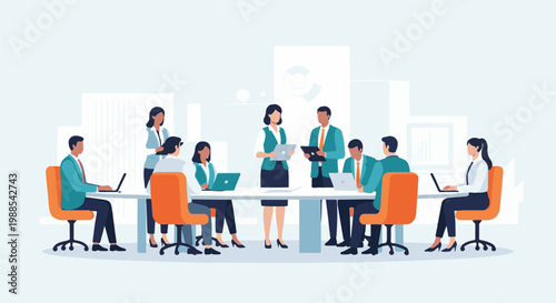 Colleagues collaborate around a table, some using laptops, others discussing