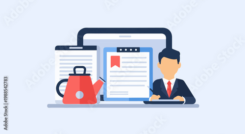 Person in suit reviewing documents on a tablet with a kettle nearby