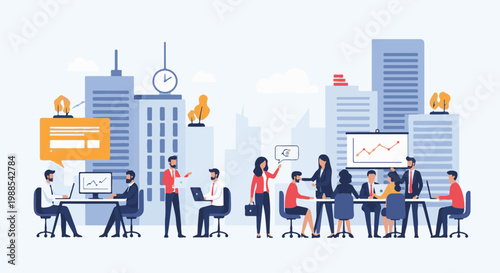 Office workers in a modern city collaborate in meetings and at desks with data
