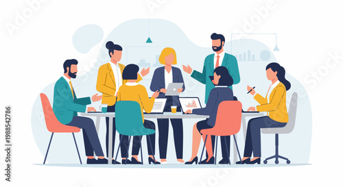 Business professionals collaborate around a conference table, presenting data and ideas