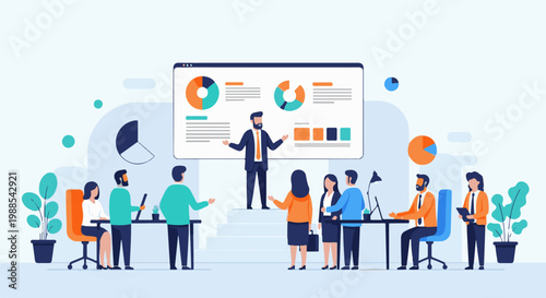 Business meeting with charts on screen, people presenting and listening