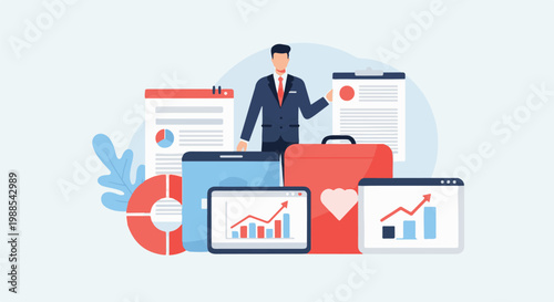 Businessman with charts, documents, and briefcases