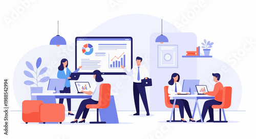 Diverse team collaborating in a modern office, analyzing charts on screen