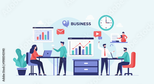 Diverse colleagues collaborate and analyze data on digital platforms to achieve business growth