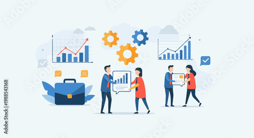 Colleagues collaborate, analyze data, and share insights with visual aids and charts