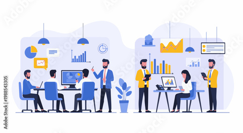 Business professionals collaborating in a modern office with charts and data displays