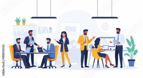 Diverse professionals collaborate in a modern office setting, discussing data on screens (1)