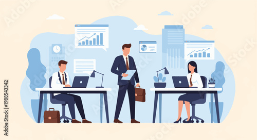 Professionals collaborate in a modern office with charts, laptops, and city skyline