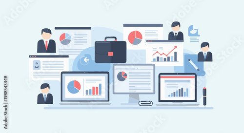 Business professionals analyze charts and data on various digital devices and screens