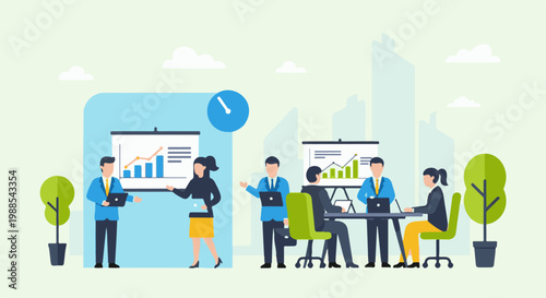 Diverse professionals collaborate in a modern office, presenting data on screens and charts