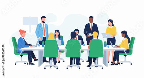 Diverse professionals collaborate in a modern meeting room, discussing ideas
