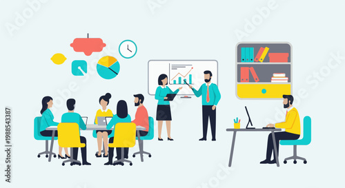 Diverse business professionals collaborating in a modern office setting, presenting data