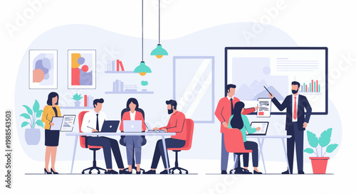 Business meeting with a presentation board and team collaboration