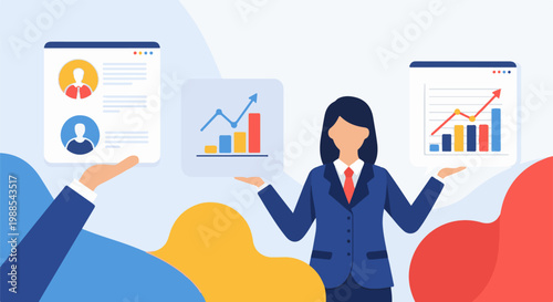 Professional presenting business growth charts and employee profiles