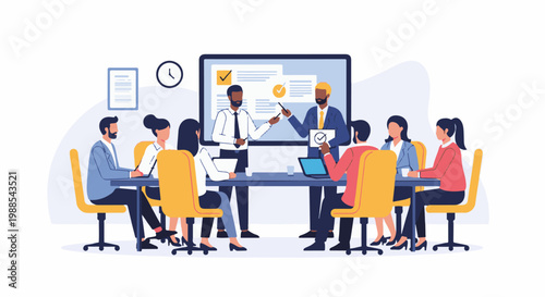 Diverse team in a modern meeting room collaborating and presenting on a large screen