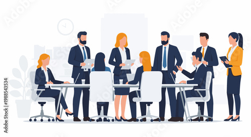 Diverse business professionals collaborate around a table, presenting ideas and engaging in discussion