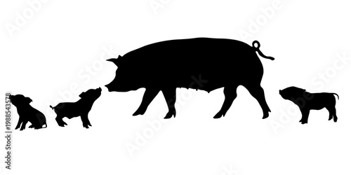 Pig and piglets silhouettes – farm animal family isolated vector set