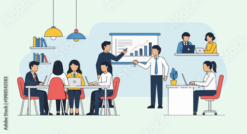 Diverse team collaborating and presenting in a modern office setting with laptops, charts, and bookshelves