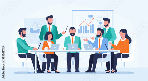 Team of professionals collaborate around a table with laptops, discussing business strategies near a graph