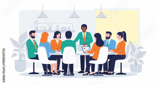 Diverse professionals collaborate around a table in a modern office with plants and natural light