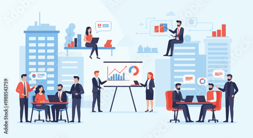 Diverse professionals collaborate in an urban office setting, discussing charts and data