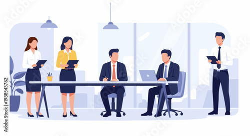 Office meeting with five professionals in a modern workspace