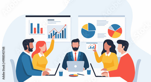 Business meeting with charts and graphs displayed