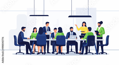 Diverse professionals collaborate around a table in a modern meeting space