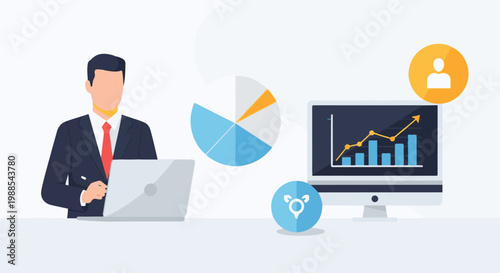 Person at laptop with charts and analytics on screen, data visualization