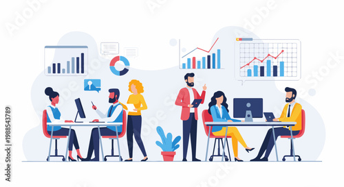 Modern professionals collaborate in an office setting with data visualization graphics