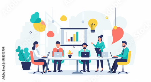 Diverse professionals collaborate in a modern office, brainstorming ideas and presenting data