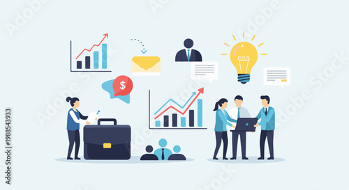 Business team collaborating, analyzing growth charts, and developing new ideas for success