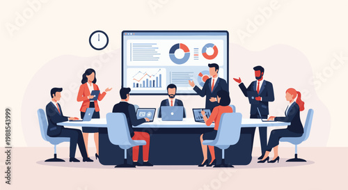 Business meeting with graphs, charts, and discussion