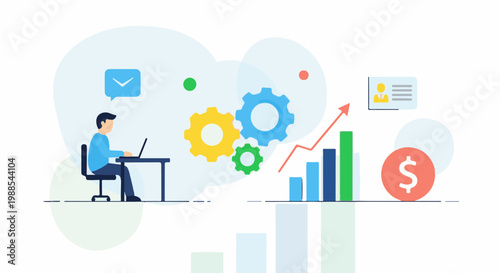 Business growth conceptual illustration with gears, graphs, and a person working on a laptop