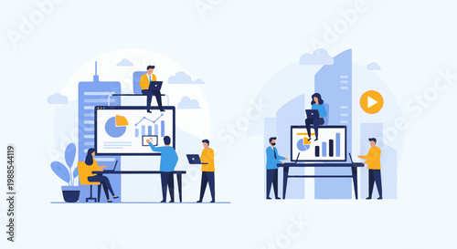 Teams collaborate on data analysis and strategy presentation in a modern office setting
