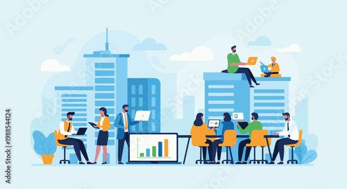 Colleagues collaborate in a modern city environment, working on laptops and discussing projects