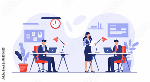 Office scene with two men working on laptops and a woman reviewing documents