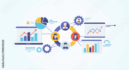 A colorful, flat design illustration depicting a network of people interacting with various charts and graphs